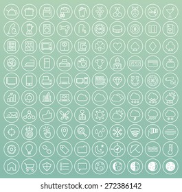 Set of 100 Minimal Universal Modern Elegant White Thin Line Icons on Circular Buttons ( Casino , Home Appliances , Weather , SEO and Development ) on Color Background.