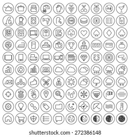 Set of 100 Minimal Universal Modern Elegant Black Thin Line Icons on Circular Buttons ( Casino , Home Appliances , Weather , SEO and Development ) on White Background.