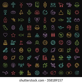 Set of 100 Minimal Universal Modern Elegant Neon Color Thin Line Icons ( Christian , Islamic and Space ) on Black Background.