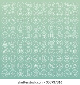 Set of 100 Minimal Universal Modern Elegant White Thin Line Icons on Circular Buttons ( Christian , Islamic and Space ) on Color Background.