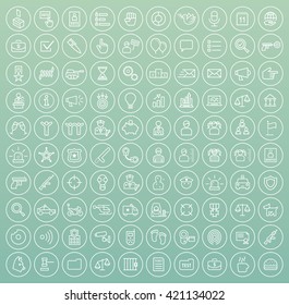 Set of 100 Minimal Universal Modern Elegant White Thin Line Icons on Circular Buttons ( Politics and Police ) on Color Background.
