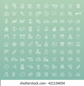 Set of 100 Minimal Universal Modern Elegant White Thin Line Icons ( Politics and Police ) on Color Background.