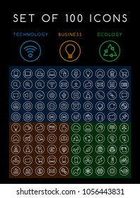 Set of 100 Minimal White Stroke Icons on Circular Buttons on Black Background ( Interface Multimedia Business and Ecology )