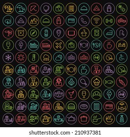 Set of 100 Minimal White Stroke Icons on Circular Buttons on Colored Background ( Travel , Hotel , Professions , Restaurant )