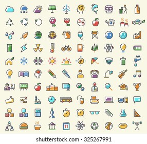 Set of 100 Minimalistic Solid Line Coloured Education and Ecology Icons. Isolated Vector Elements.