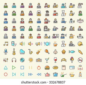 Set Of 100 Minimalistic Solid Line Colored People , Professions , Music And Restaurant Icons. Isolated Vector Elements.