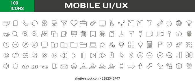Set of 100 mobile ui, ux web Interface icons in line style. User, profile, message, mobile app, document file, social media, chat, Vector illustration.