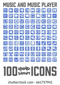 Set of 100  Music themed hand drawn / doodled icons. You can see various buttons, notes and more! Grouped, ready to quick use!