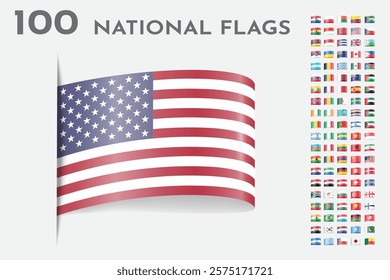 Set of 100 National Flags Featuring Prominent United States Flag Illustration