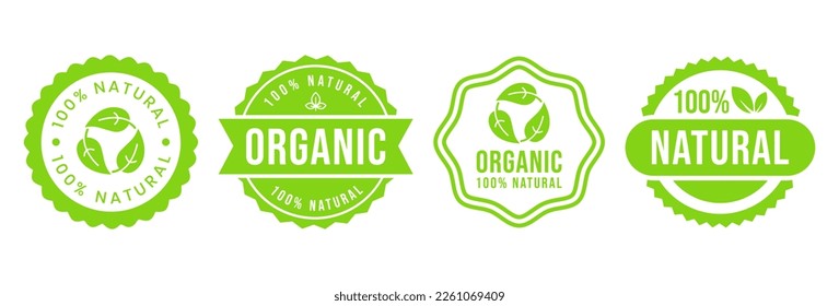 Set 100% Natural and organic Product Vector Icon Circle Sign. Healthy Food Emblem. Organic food Badge.