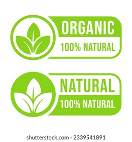 Fijar el símbolo del círculo del vector del producto 100% natural y orgánico. Emblema alimenticio saludable. Insignia orgánica de comida.	