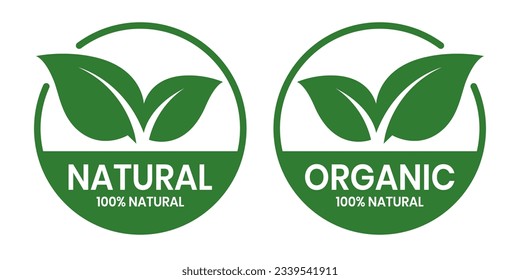 Set 100% Natural and organic Product Vector Icon Circle Sign. Healthy Food Emblem. Organic food Badge.	