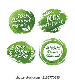 Set Of 100% Natural Watercolor Badge Vector, Green Natural Grungy Badge