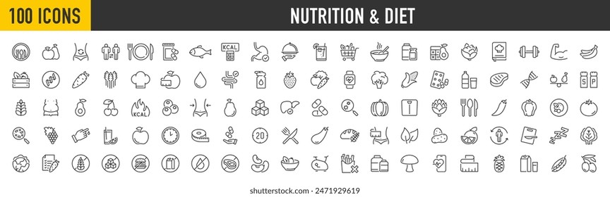 Conjunto de 100 iconos de Web de Nutrición en estilo de línea. Tratamiento, alimentación saludable, salud, dieta, obesidad, sin aceite de palma, colección. Ilustración vectorial.	