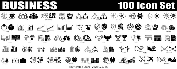 Set of 100 Outline and fill icons related to business. Flat Business icon collection Isolated. Editable Icon for teamwork, leadership, innovation, strategy, planning, vision, growth, success.