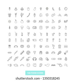 Set of 100 outline food icons. Vegetables, fruits, meat, fish, seafood, beverages, fast food.