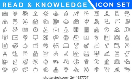 Set of 100 outline icons related to knowledge. Linear icon collection. Editable stroke. Vector illustration