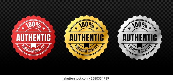 Set of  100 percent Authentic circle label vector isolated on transparent white background