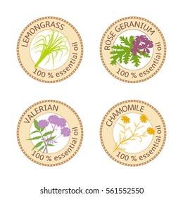 100% ätherische Öle-Etiketten. Rose Geranium, Limongras, Kamille, Valerianische Symbole.  Vektorgrafik. Braune Briefmarken. Für Aufkleber, Spa, Aromatherapie, Preisschilder, Etiketten, Banner, Plakate