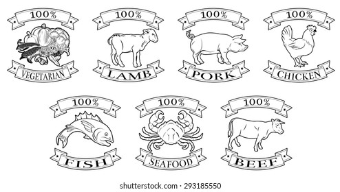 A set of 100 percent food icons, packaging labels or menu illustrations for beef chicken fish pork lamb seafood and vegetarian options