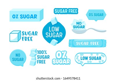 Set of 100 Percent Zero Sugar Free Icons, Badges or Banners, Healthy Food, Low Carb Nutrition, Product, Stickers with Typography Isolated on White Background, Design Elements. Vector Illustration