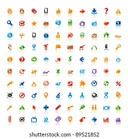 Set of 100 perfect designer icons for web, business, media and leisure. Main shape, highlights and reflection are in separate layers.