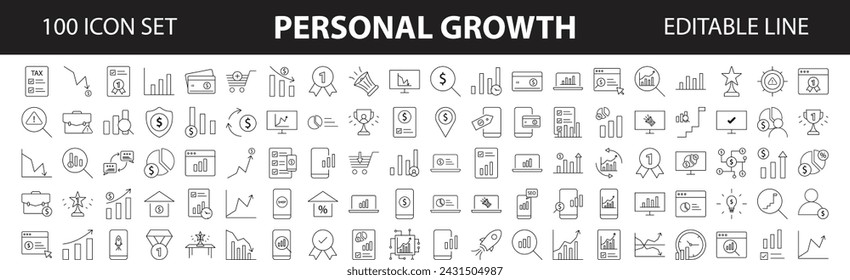 Set of 100 Personal growth editable line icons. Success and Growth Editable Icons set. Vector illustration in modern thin line style of business icons. achievement, arrow, aspiration, award, career,