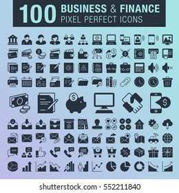 Set of 100 pixel perfect business and finance icons for mobile apps and web design. 