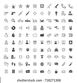 Set of 100 Police Minimal and Solid Icons on White Background . Vector Isolated Elements