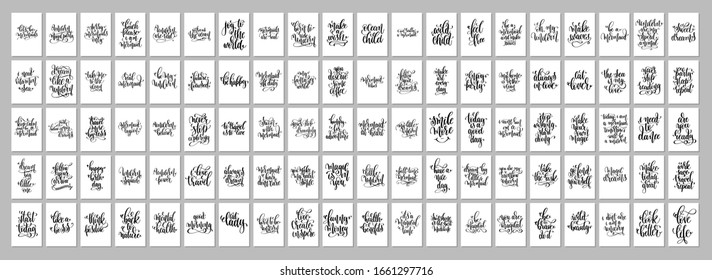 set of 100 positive quotes posters, hand lettering separately phrases, motivation and inspiration text, vector illustration collection