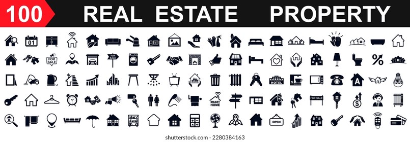 Set 100 Real Estate icons. Realty, property, mortgage, home loan, houses and more, collection real estate sign - vector
