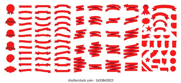 Set of 100 Ribbons. Ribbon elements. Starburst label. Vintage. Modern simple ribbons collection. Vector illustration.