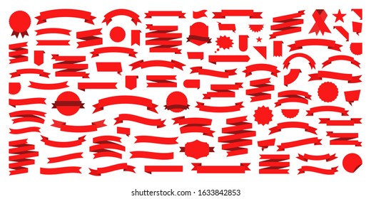Set of 100 Ribbons. Ribbon elements. Starburst label. Vintage. Modern simple ribbons collection. Vector illustration.