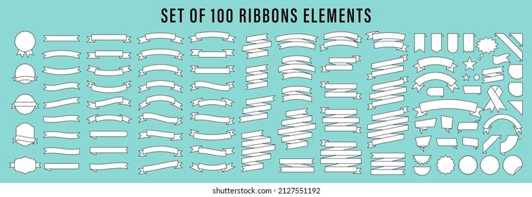 Satz von 100 Ribbons. Flachelemente. Starburst-Label. Jahrgang. Moderne, einfache Bänder-Kollektion. Vektorgrafik.
