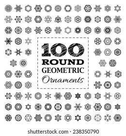 Set of 100 round geometric ornaments. Vector design elements isolated on white background. Black and white illustration.