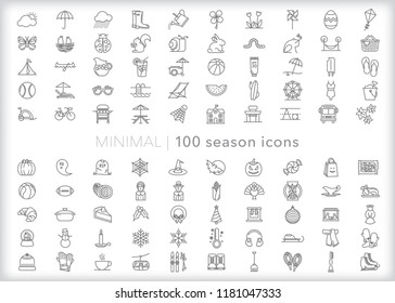 Set of 100 season line icons of items representing spring, summer, autumn and winter including holidays, activities, sports, events and activities that shape the year calendar