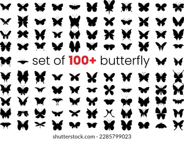A set of 100 silhouette butterfly butterfly doodle
