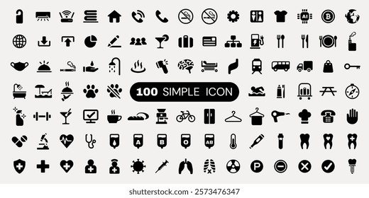 Set of 100 simple icons in black and white. Includes symbols for health, transportation, food, and communication. Minimalist and versatile icon set. User interface icon vector set.