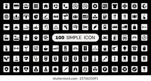 Set of 100 simple icons in black and white. Includes symbols for home, health, fitness, travel, and more. Minimalist design, versatile icons for various uses. User interface icon vector set.