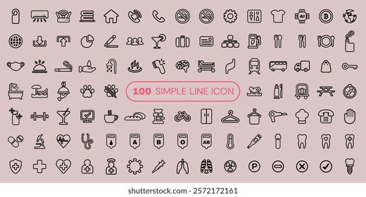 Set of 100 simple line icons featuring various objects and activities. Icons include food, travel, fitness, and more. Minimalist line icons for versatile use. User interface icon vector set.