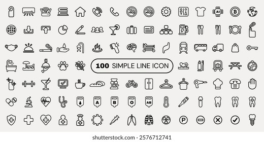 Set of 100 simple line icons featuring various objects like food, drinks, animals, and tools. Minimalist icons for diverse themes, perfect for web and app design. User interface icon vector set.