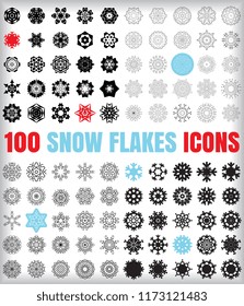 Set of 100 simple snowflake icon isolated on white background. Snow flake elements for Christmas winter design and New Year decoration. Refrigerator vector symbols or logos collection
