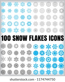 Set of 100 simple snowflake icon isolated on white background. Snow flake elements for Christmas winter design and New Year decoration. Refrigerator vector symbols or logos collection