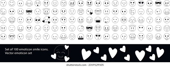 Set of 100 smiley emoticon icons. Set of cartoon emojis. Set of vector emoticons