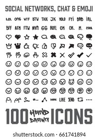 Set of 100 Social Network and chat themed hand drawn / doodled icons. You can see expresions, chat bubbles, emoji / smiles and more! Grouped, ready to quick use!