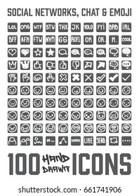 Set of 100 Social Network and chat themed hand drawn / doodled icons. You can see expresions, chat bubbles, emoji / smiles and more! Grouped, ready to quick use!