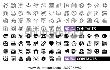 Set of 100 solid and line icons related to Contacts. web, telephone, communication, computer, chat bot, pin, address. Pictograms for web, mobile app and infographics