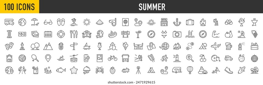 Set of 100 Summer icons. Vacation and beach web icons in line style. Travel, holiday, tourism, hotel, passport, maps, landscape, camera. Icon collection. Vector illustration.