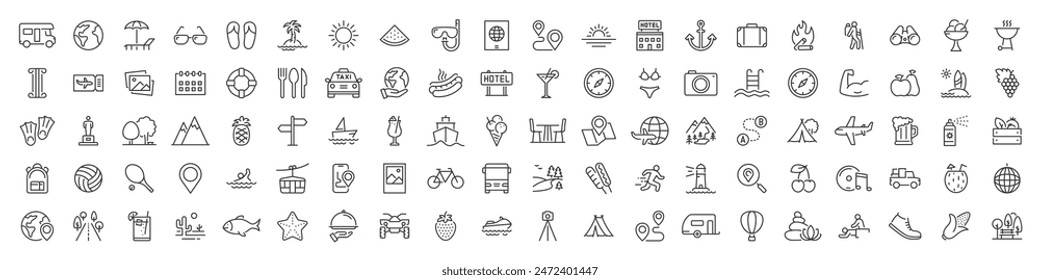 Conjunto de 100 iconos de verano. Iconos web de vacaciones y playa en estilo line. Viajes, vacaciones, turismo, hotel, pasaporte, mapas, paisaje, cámara. Colección de iconos. Ilustración vectorial.