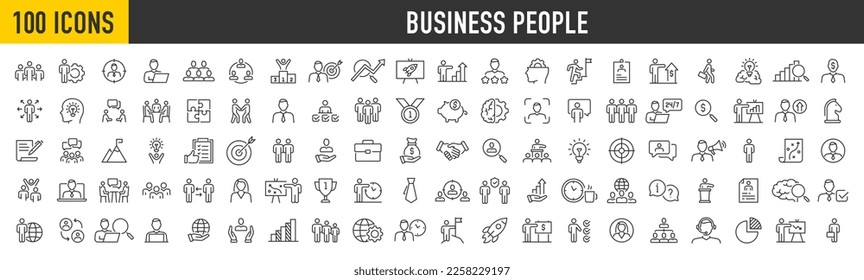 Set of 100 Teamwork icons in line style. Team, business people, human resources, collaboration, research, meeting, partnership, support, businessman. Collection. Vector illustration.	